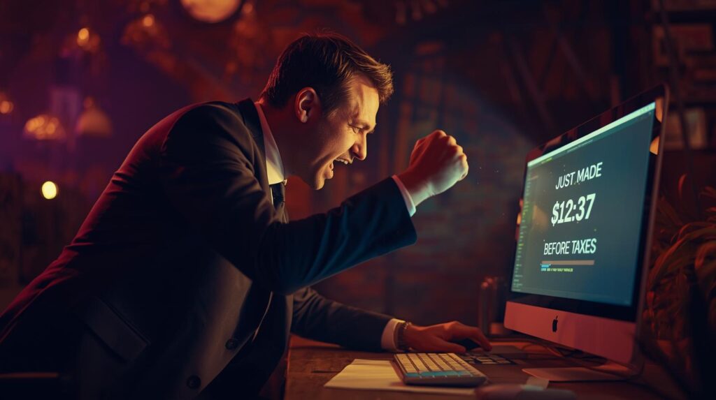 a man in a suit fist-pumping at a computer, with a caption that says, “Just made .37 before taxes.”