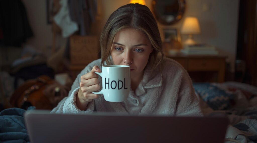 A person wearing pajamas and holding a coffee mug that says HODL Hold On for Dear Life while staring blankly at their laptop screen with a background of their messy apartment – almosttherenow.com (Hold On for Dear Life)