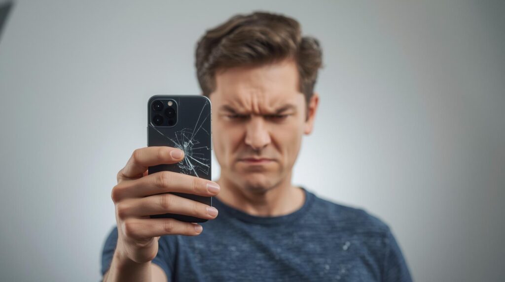  A stock photo of a person holding a broken iPhone with a frown, captioned “When you thought Apple was on sale but it’s just broken.”